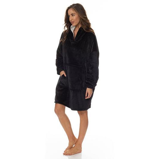 Royal Comfort Snug Hoodie Nightwear Super Soft Reversible Coral Fleece 750GSM - Black