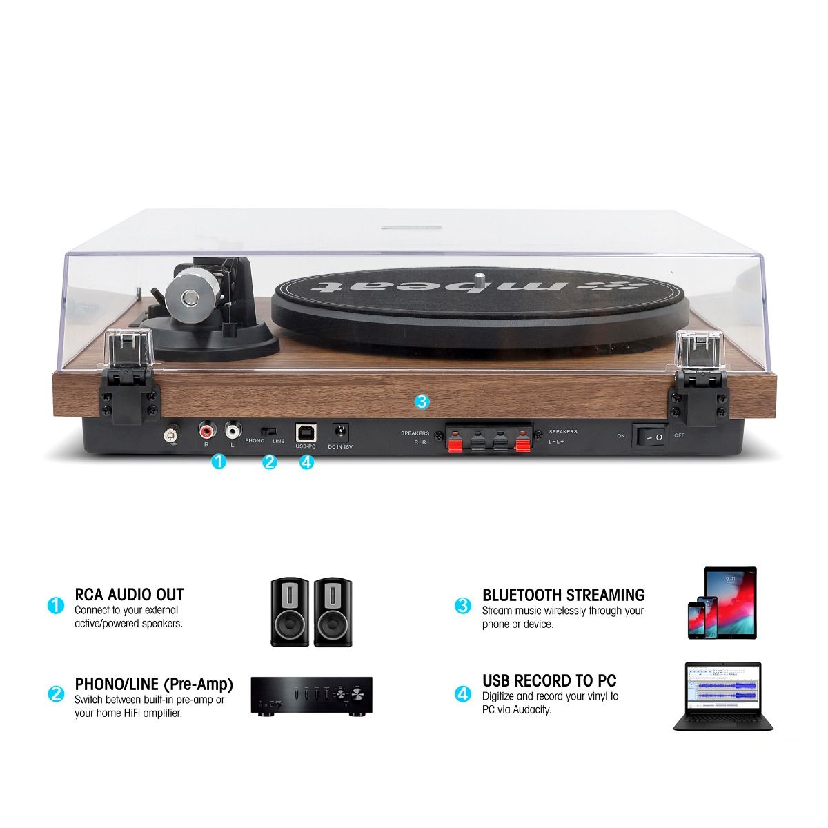 mbeat Hi-Fi Turntable with Bookshelf Speakers and Bluetooth Streaming