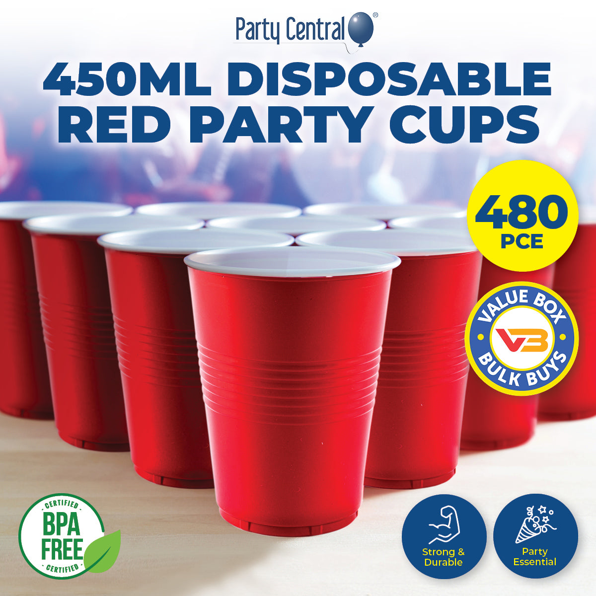 Party Central 480PCE Red Party Cups Disposable Large Rim High Quality 450ml