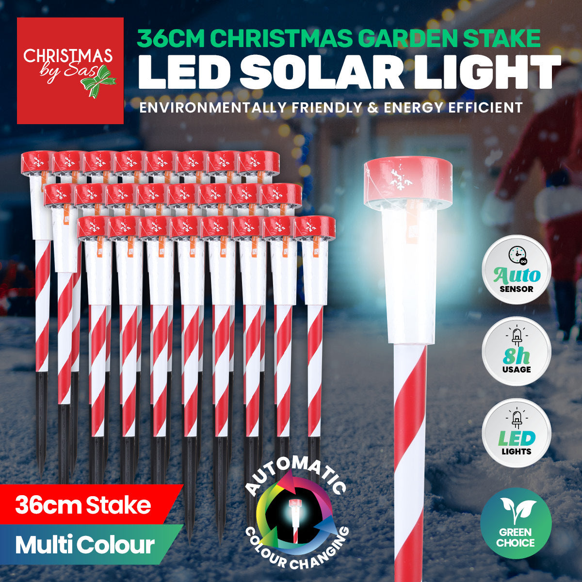 Christmas By Sas 24PCE Solar Stakes Red & White Striped Colour Changing 36cm