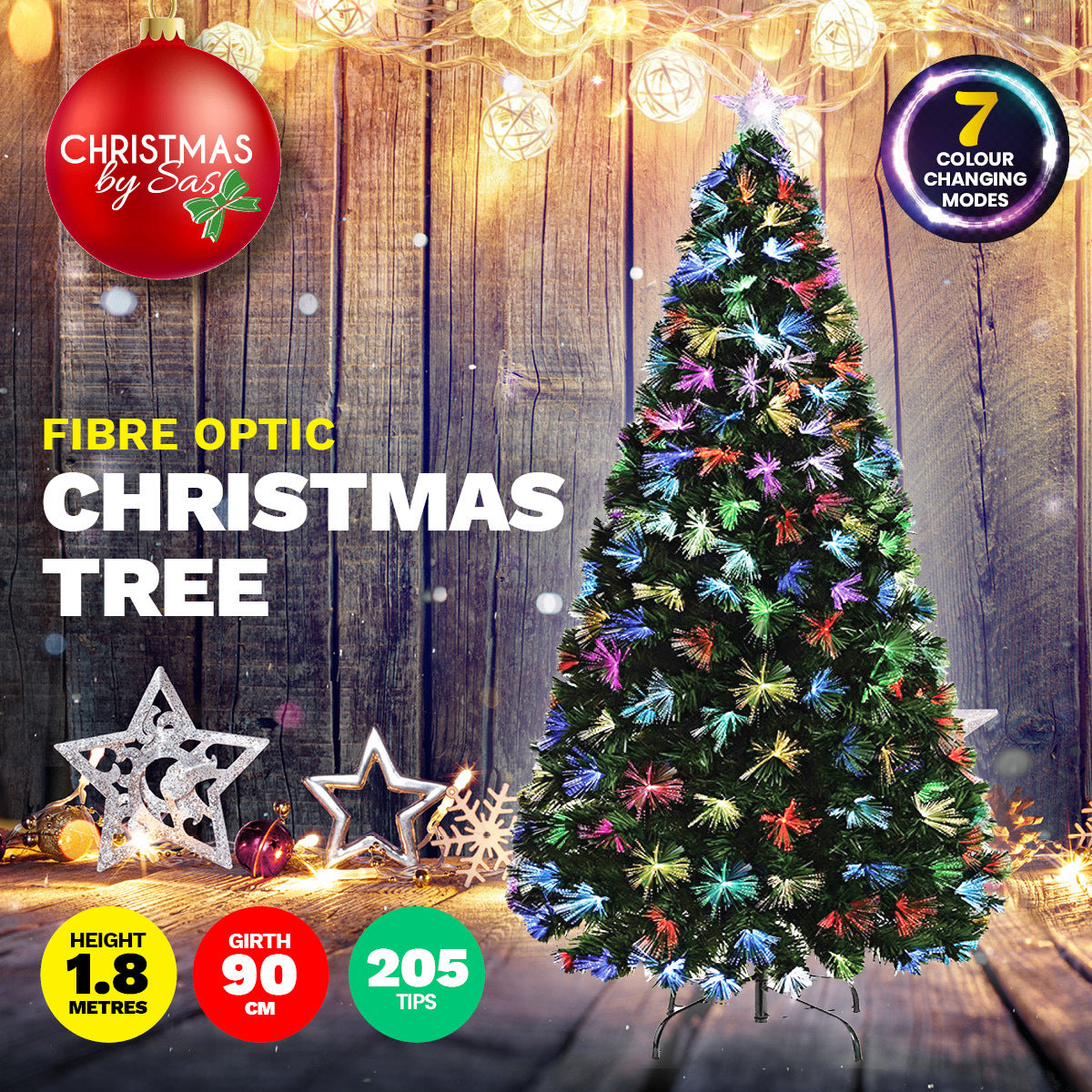 Christmas By Sas 1.8m Fibre Optic Christmas Tree 205 Tips Multicolour Lights & Star