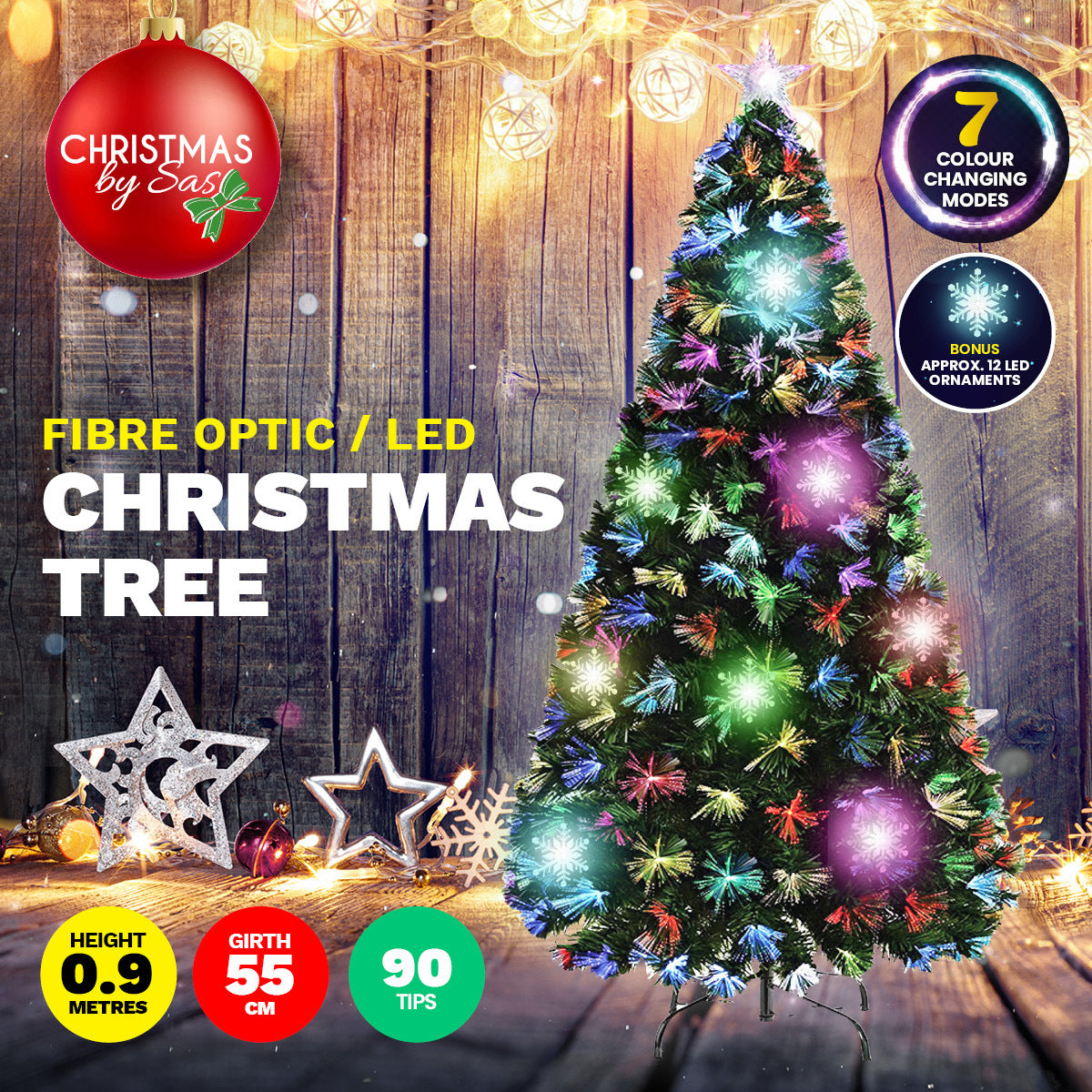 Christmas By Sas 90cm Fibre Optic/LED Christmas Tree 90 Tips Multicolour Star & Ornaments