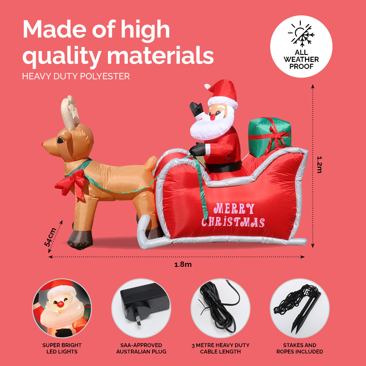 Christmas By Sas 1.2m Self Inflatable LED Santa Sleigh & Rudolph
