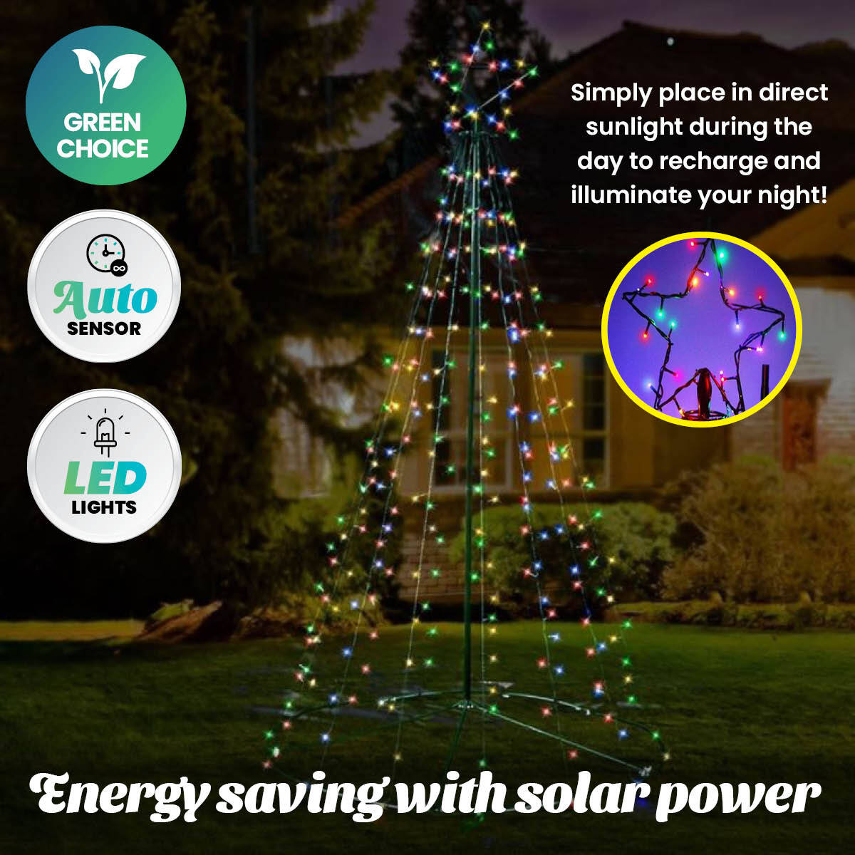 Christmas By Sas 5m Tree Shaped LED Multicoloured Solar Lights & Metal Frame