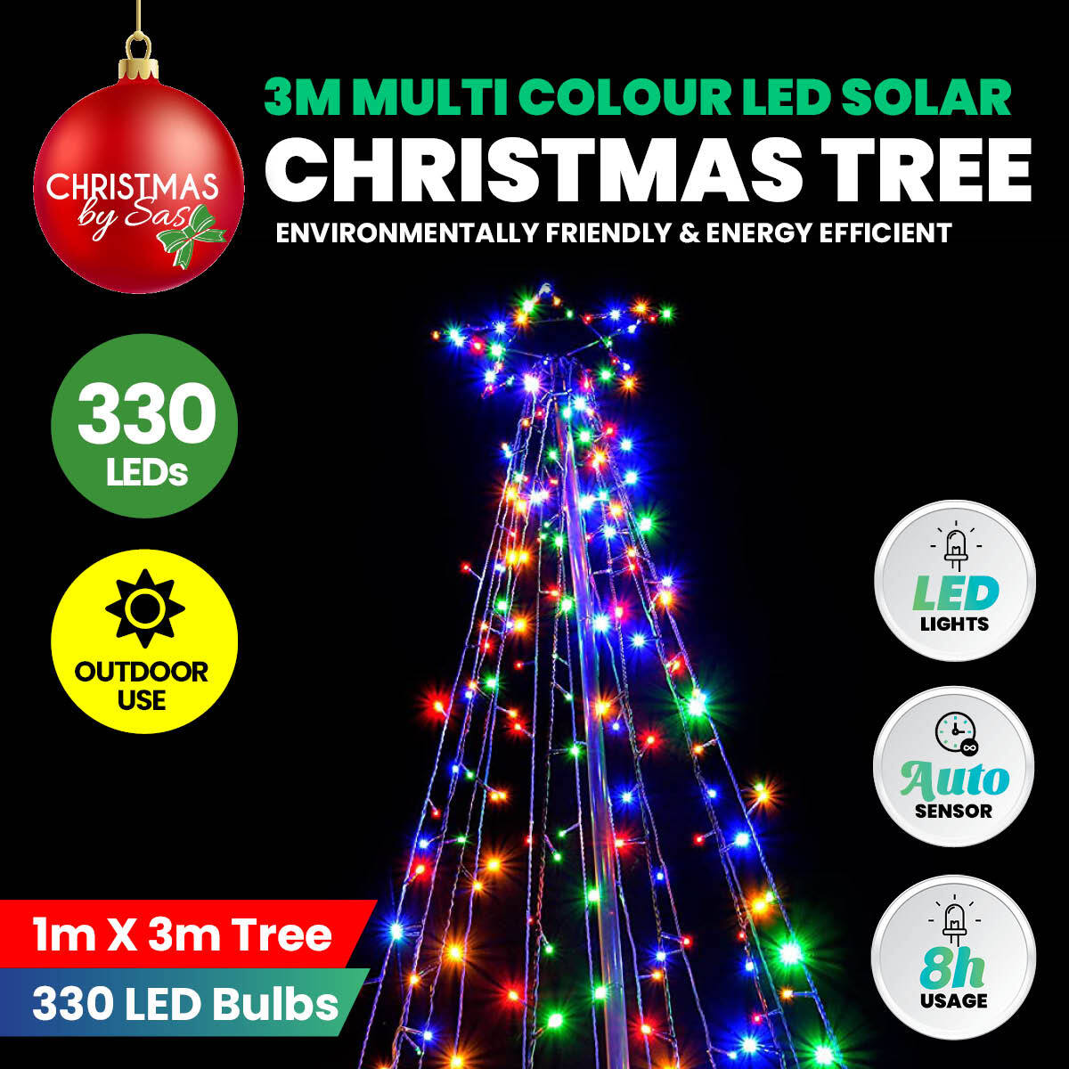 Christmas By Sas 3m Tree Shaped LED Multicoloured Solar Lights & Metal Frame