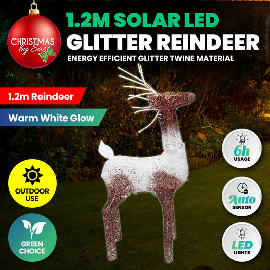 Christmas By Sas 1.2m Reindeer Glitter Wire Solar LED Warm White Auto Sensor