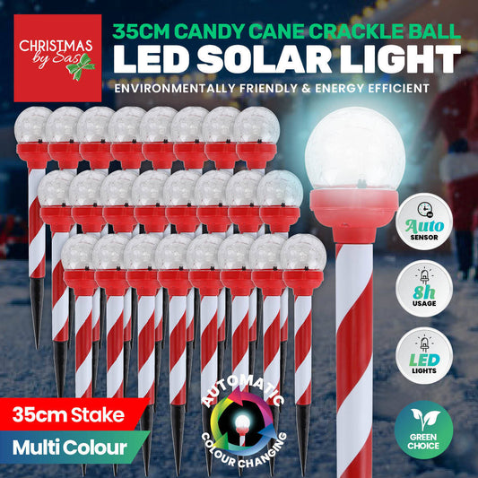 Christmas By Sas 24PCE Solar Candy Cane Stakes With Crackle Balls LED 35cm