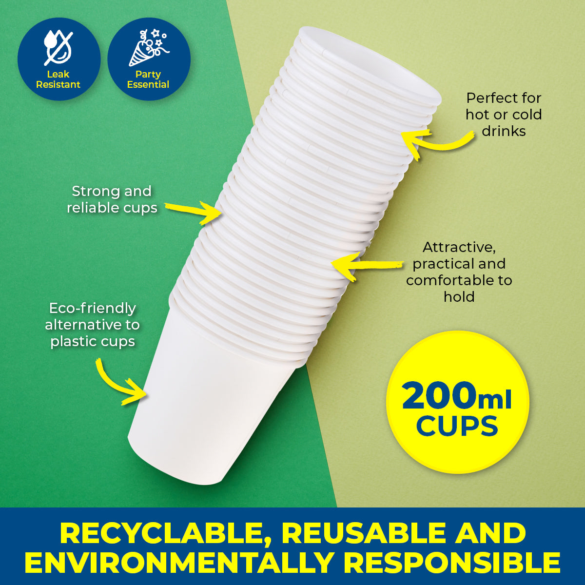 Party Central 900PCE White Paper Cups Disposable Leak Resistant 200ml
