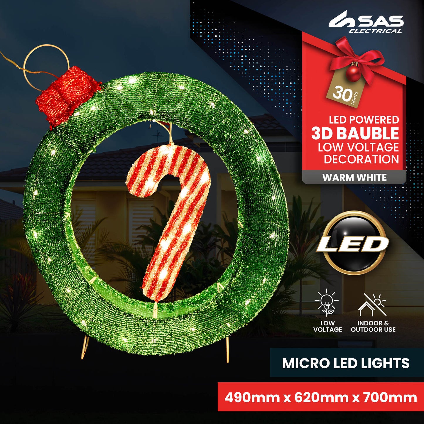 SAS Electrical 49 x 62cm 3D Bauble & Candy Cane Display Warm White Lighting