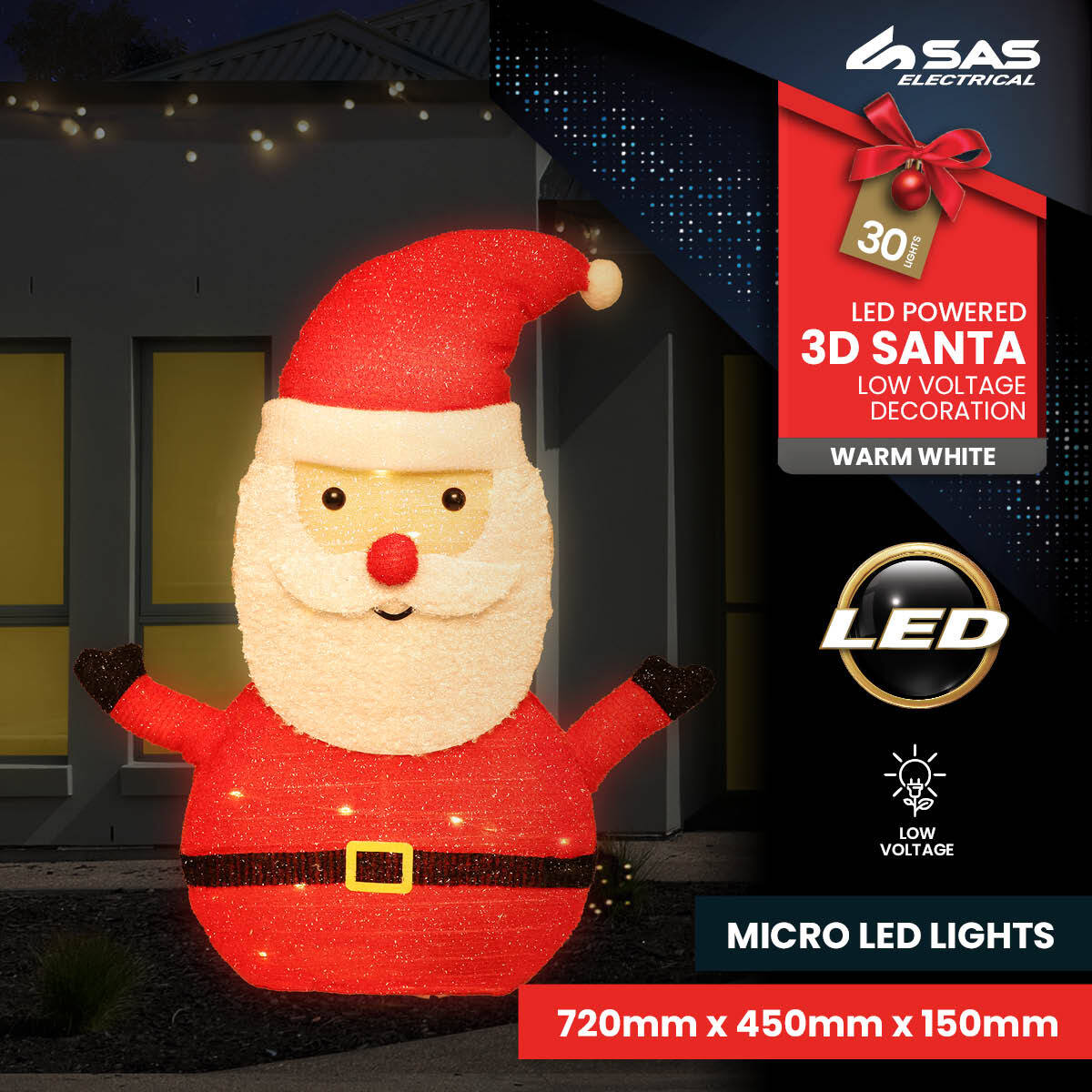 SAS Electrical 45 x 72cm 3D Santa Ornament Warm White LED Lighting