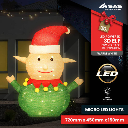 SAS Electrical 45 x 72cm 3D Elf Ornament Warm White LED Lighting