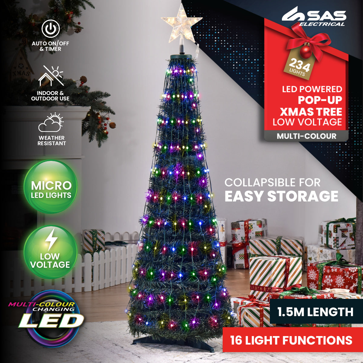 SAS Electrical 1.5m Christmas Tree & Star Pop-Up Design Remote Controlled