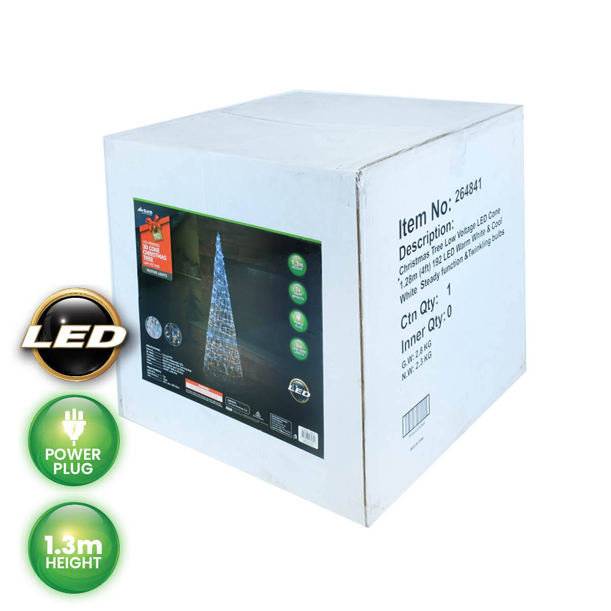 SAS Electrical 1.3m 3D LED Decorative Metal Cone Christmas Tree 192 Lights