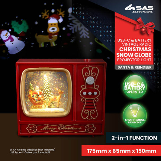 SAS Electrical 2-in-1 Vintage Radio Santa & Reindeer Snow Globe & Projector