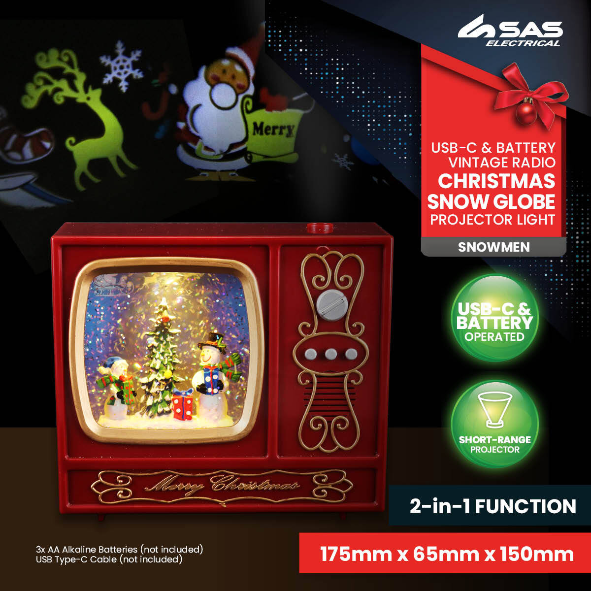 SAS Electrical 2-in-1 Vintage Radio Christmas Snowmen Snow Globe & Projector