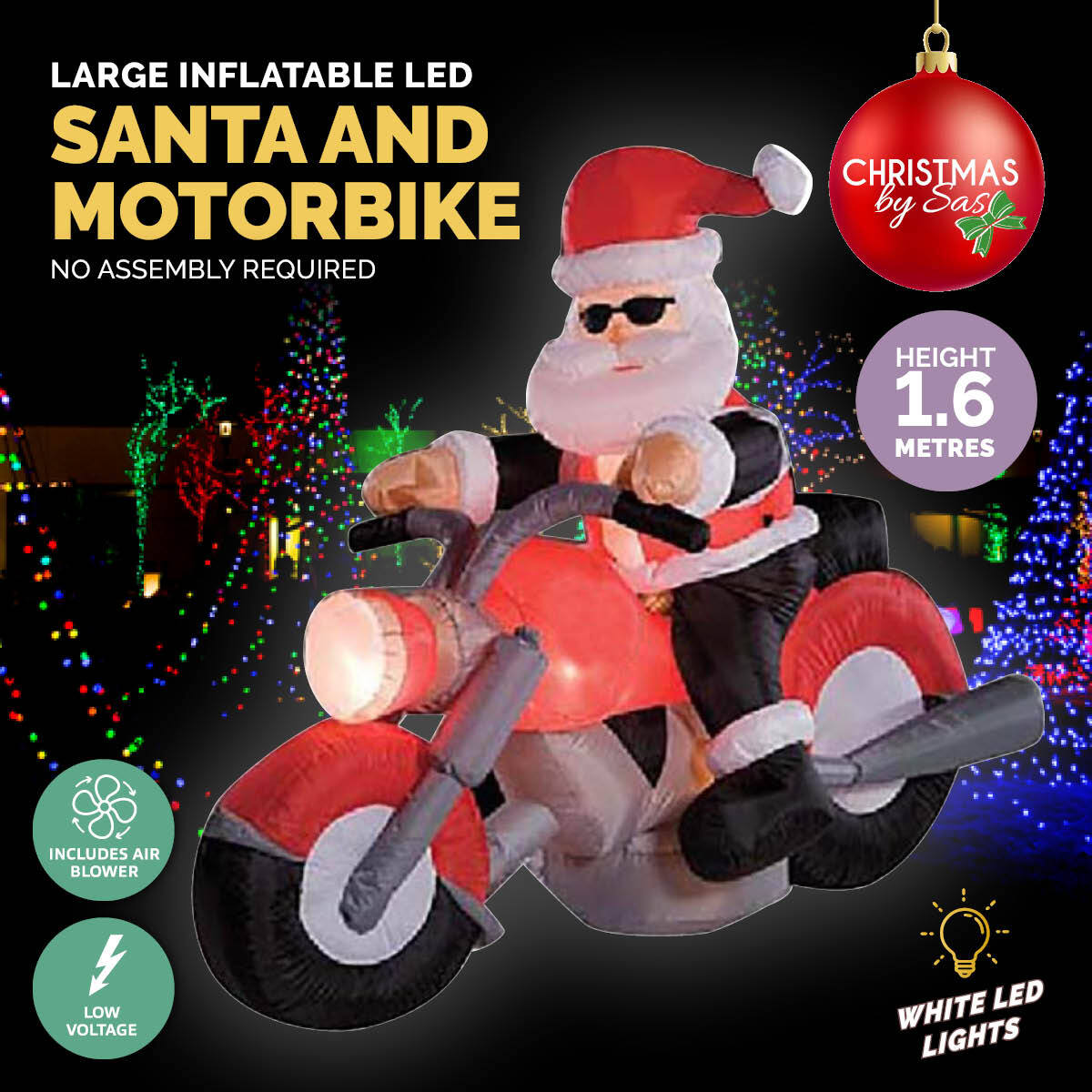 Christmas By Sas 1.6m Santa & Motorbike Built-In Blower Bright LED Lighting