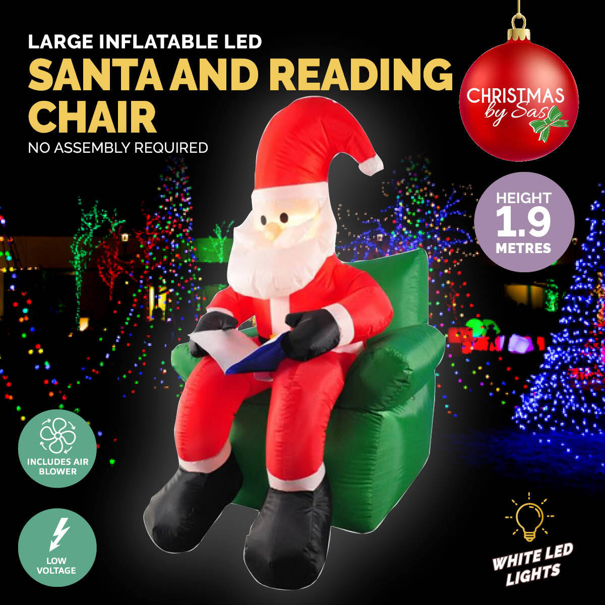 Christmas By Sas 1.9m Santa & His Reading Chair Self Inflating LED Lighting