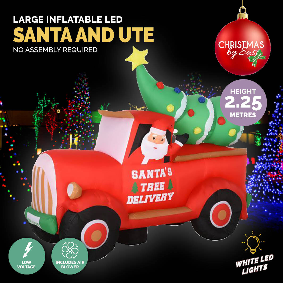 Christmas By Sas 2.25m Santa Ute & Tree Built-In Blower Bright LED Lighting