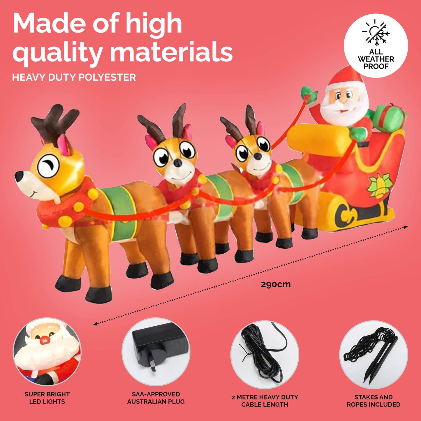 Christmas By Sas 2.9m Santa Reindeers & Sleigh Built-In Blower LED Lighting